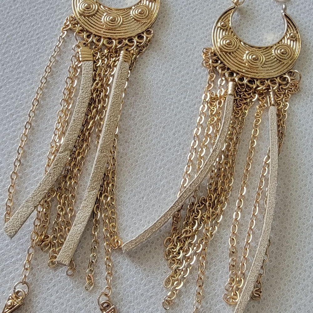 Boho Faux Leather Chain Tassel Drop Earrings - Picture 7 of 9